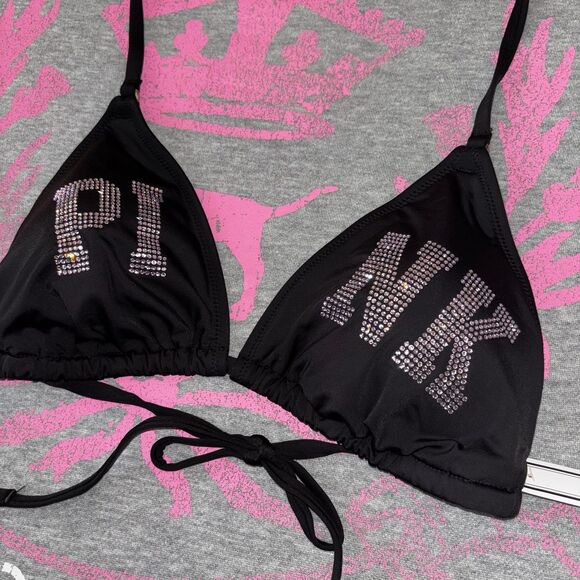 VS PINK Rhinestone Light Pink Diamanté Shine Bling Black String Bikini Top S-DD - Picture 2 of 11